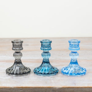 Light Blue Cut Glass Candle Holder - Small