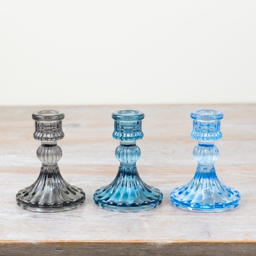 Light Blue Cut Glass Candle Holder - Small