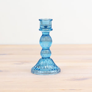 Light Blue Cut Glass Candle Holder - Large