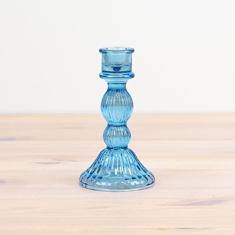Light Blue Cut Glass Candle Holder - Large