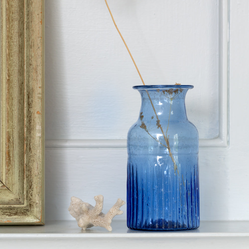 Blue Ribbed Recycled Glass Bud Vase
