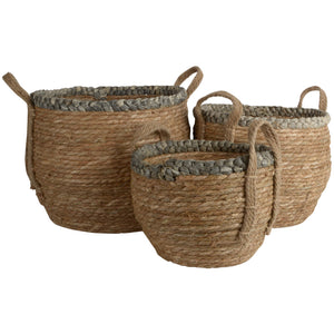 Straw Basket with Grey Braid - Small