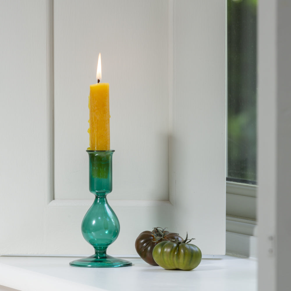 Green Glass Candlestick - Short