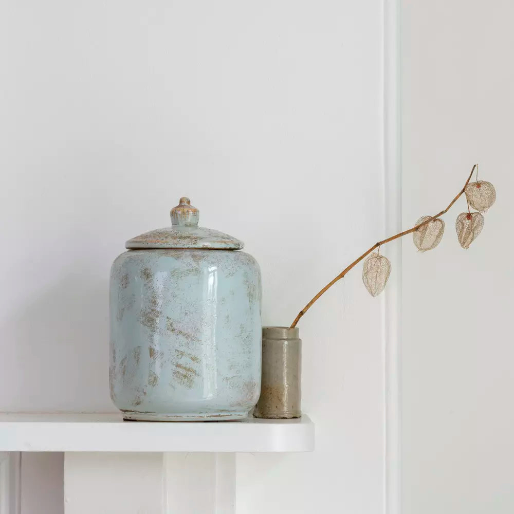 Rustic Pale Blue Lidded Jar