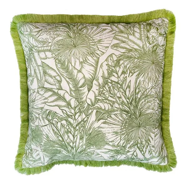 Green Floral Fringed Cushion